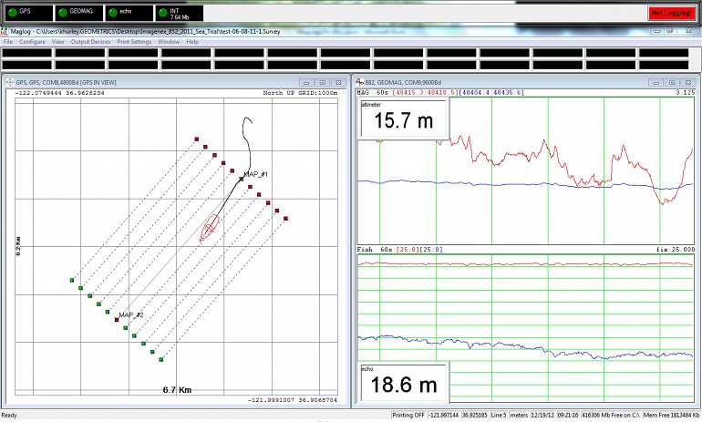 Screenshot from MagLog showing realtime magnetic, altimeter and echo sounder readings.